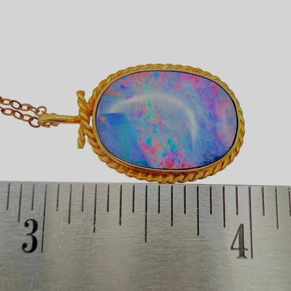 Vtg 9K Gold Australian Opal Doublet Pendant Necklace Twisted Rope 15.8ct - 19" - Picture 8 of 9